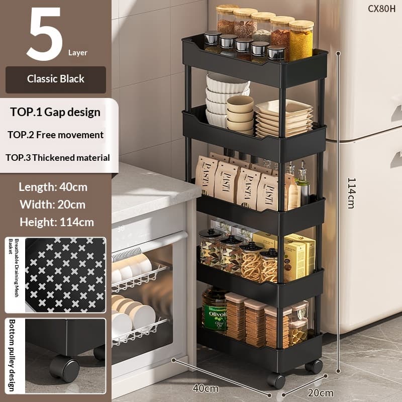 Ultra-Narrow Floor-Standing Kitchen Shelf With Wheels For Refrigerator Sides, Home Use For Bathroom Storage Carts