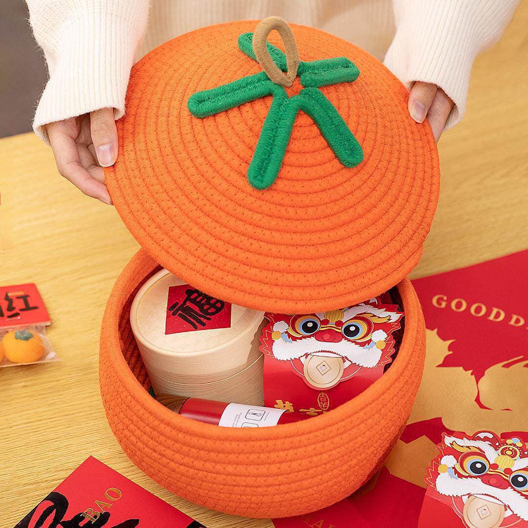 Cotton Handwoven Basket with Lid – Orange